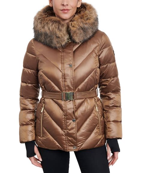 michael michael kors women's shine belted faux-fur-trim hooded puffer coat|More.